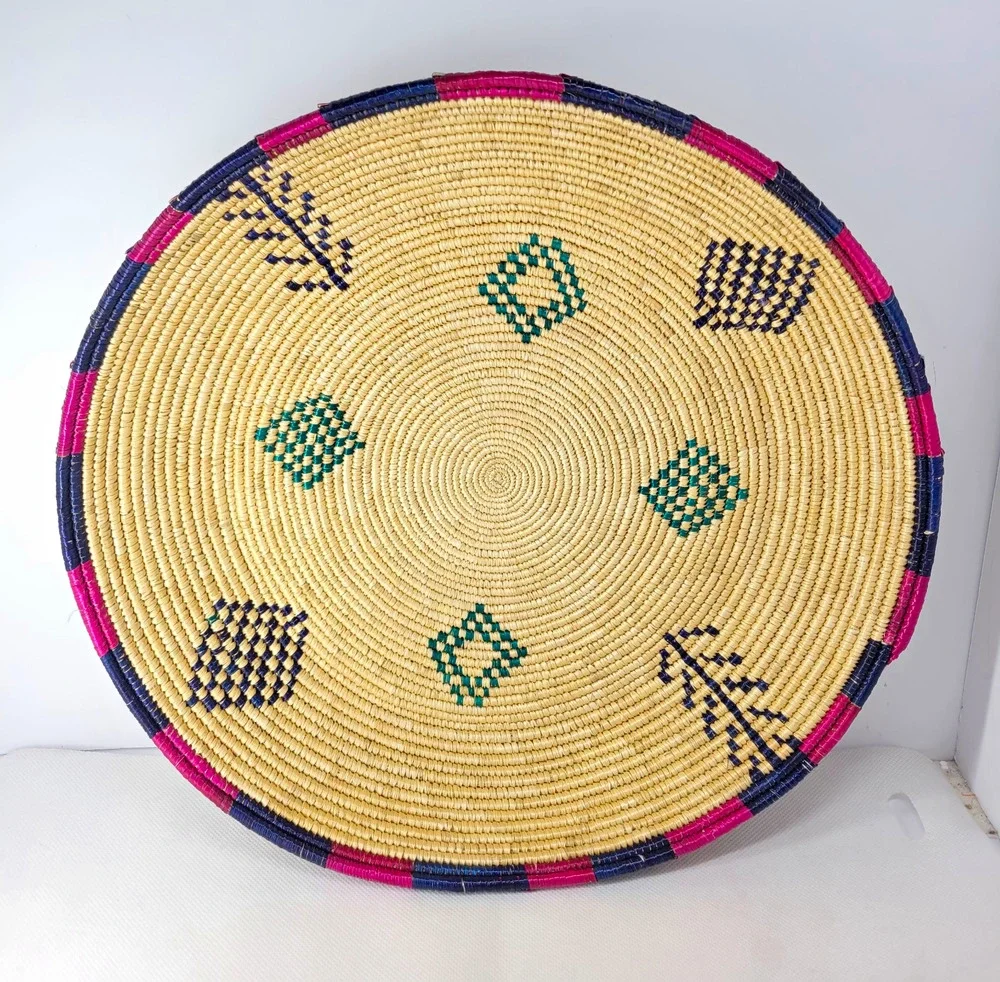 Handwoven Round Wicker Storage Basket Tray Large Beige Blue Pink Green Geometric